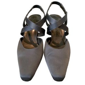 Nina Heels Grey Vintage Pointed Toe Slingbacks Strappy Satin Dressy Sandals 7.5